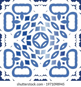 Antique azulejo tiles patchwork. Vector seamless pattern collage. Hand drawn design. Blue spain and portuguese decor for bags, smartphone cases, T-shirts, linens or scrapbooking.
