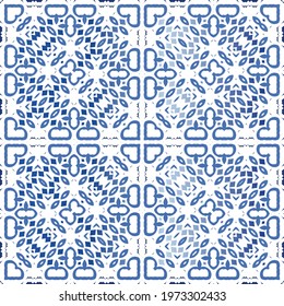 Antique azulejo tiles patchwork. Vector seamless pattern collage. Hand drawn design. Blue spain and portuguese decor for bags, smartphone cases, T-shirts, linens or scrapbooking.