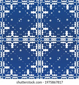 Antique azulejo tiles patchwork. Vector seamless pattern frame. Minimal design. Blue spain and portuguese decor for bags, smartphone cases, T-shirts, linens or scrapbooking.