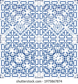 Antique azulejo tiles patchwork. Vector seamless pattern collage. Hand drawn design. Blue spain and portuguese decor for bags, smartphone cases, T-shirts, linens or scrapbooking.