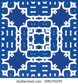 Antique azulejo tiles patchwork. Vector seamless pattern concept. Creative design. Blue spain and portuguese decor for bags, smartphone cases, T-shirts, linens or scrapbooking.