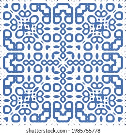 Antique azulejo tiles patchwork. Vector seamless pattern collage. Hand drawn design. Blue spain and portuguese decor for bags, smartphone cases, T-shirts, linens or scrapbooking.