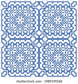 Antique azulejo tiles patchwork. Vector seamless pattern collage. Hand drawn design. Blue spain and portuguese decor for bags, smartphone cases, T-shirts, linens or scrapbooking.