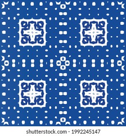 Antique azulejo tiles patchwork. Vector seamless pattern concept. Creative design. Blue spain and portuguese decor for bags, smartphone cases, T-shirts, linens or scrapbooking.
