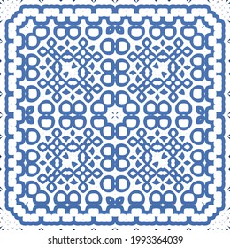 Antique azulejo tiles patchwork. Vector seamless pattern collage. Hand drawn design. Blue spain and portuguese decor for bags, smartphone cases, T-shirts, linens or scrapbooking.