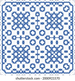 Antique azulejo tiles patchwork. Vector seamless pattern collage. Hand drawn design. Blue spain and portuguese decor for bags, smartphone cases, T-shirts, linens or scrapbooking.