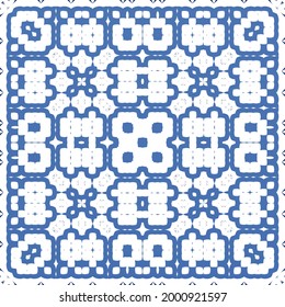 Antique azulejo tiles patchwork. Vector seamless pattern collage. Hand drawn design. Blue spain and portuguese decor for bags, smartphone cases, T-shirts, linens or scrapbooking.