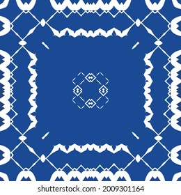 Antique azulejo tiles patchwork. Vector seamless pattern frame. Minimal design. Blue spain and portuguese decor for bags, smartphone cases, T-shirts, linens or scrapbooking.