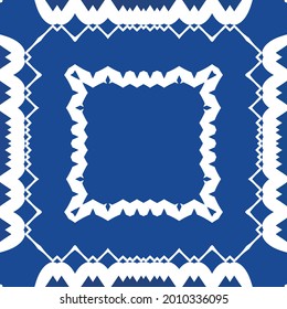 Antique azulejo tiles patchwork. Vector seamless pattern frame. Minimal design. Blue spain and portuguese decor for bags, smartphone cases, T-shirts, linens or scrapbooking.