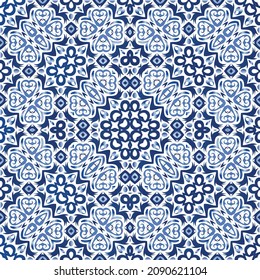 Antique azulejo tiles patchwork. Vector seamless pattern template. Graphic design. Blue spain and portuguese decor for bags, smartphone cases, T-shirts, linens or scrapbooking.
