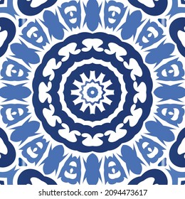 Antique azulejo tiles patchwork. Vector seamless pattern concept. Hand drawn design. Blue spain and portuguese decor for bags, smartphone cases, T-shirts, linens or scrapbooking.
