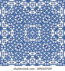 Antique azulejo tiles patchwork. Vector seamless pattern trellis. Geometric design. Blue spain and portuguese decor for bags, smartphone cases, T-shirts, linens or scrapbooking.