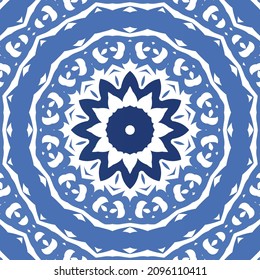 Antique azulejo tiles patchwork. Vector seamless pattern concept. Hand drawn design. Blue spain and portuguese decor for bags, smartphone cases, T-shirts, linens or scrapbooking.