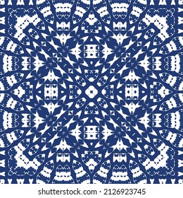 Antique azulejo tiles patchwork. Vector seamless pattern concept. Hand drawn design. Blue spain and portuguese decor for bags, smartphone cases, T-shirts, linens or scrapbooking.