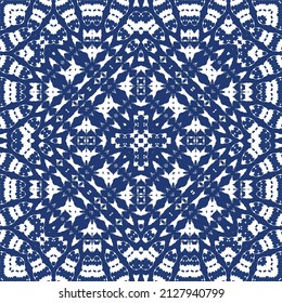 Antique azulejo tiles patchwork. Vector seamless pattern concept. Hand drawn design. Blue spain and portuguese decor for bags, smartphone cases, T-shirts, linens or scrapbooking.