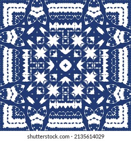 Antique azulejo tiles patchwork. Vector seamless pattern concept. Hand drawn design. Blue spain and portuguese decor for bags, smartphone cases, T-shirts, linens or scrapbooking.
