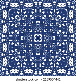 Antique azulejo tiles patchwork. Vector seamless pattern concept. Hand drawn design. Blue spain and portuguese decor for bags, smartphone cases, T-shirts, linens or scrapbooking.