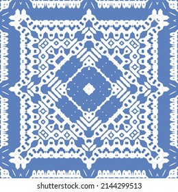Antique azulejo tiles patchwork. Vector seamless pattern concept. Hand drawn design. Blue spain and portuguese decor for bags, smartphone cases, T-shirts, linens or scrapbooking.