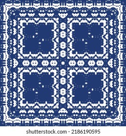 Antique azulejo tiles patchwork. Vector seamless pattern concept. Hand drawn design. Blue spain and portuguese decor for bags, smartphone cases, T-shirts, linens or scrapbooking.