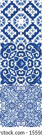 Antique azulejo tiles patchworks. Bathroom design. Kit of vector seamless patterns. Blue spain and portuguese decor for bags, smartphone cases, T-shirts, linens or scrapbooking.