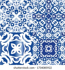 Antique azulejo tiles patchworks. Bathroom design. Set of vector seamless patterns. Blue spain and portuguese decor for bags, smartphone cases, T-shirts, linens or scrapbooking.