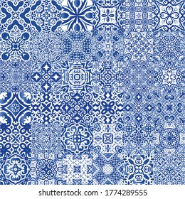 Antique azulejo tiles patchworks. Bathroom design. Collection of vector seamless patterns. Blue spain and portuguese decor for bags, smartphone cases, T-shirts, linens or scrapbooking.