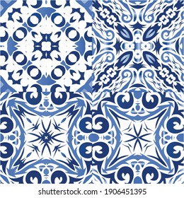 Antique azulejo tiles patchworks. Bathroom design. Collection of vector seamless patterns. Blue spain and portuguese decor for bags, smartphone cases, T-shirts, linens or scrapbooking.