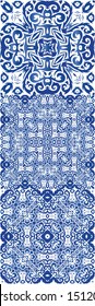 Antique azulejo tiles patchworks. Collection of vector seamless patterns. Stylish design. Blue spain and portuguese decor for bags, smartphone cases, T-shirts, linens or scrapbooking.