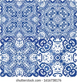 Antique azulejo tiles patchworks. Collection of vector seamless patterns. Graphic design. Blue spain and portuguese decor for bags, smartphone cases, T-shirts, linens or scrapbooking.