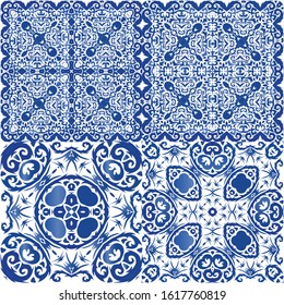 Antique azulejo tiles patchworks. Collection of vector seamless patterns. Universal design. Blue spain and portuguese decor for bags, smartphone cases, T-shirts, linens or scrapbooking.