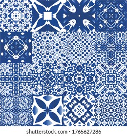Azulejos antiguos. Colección de patrones sin fisuras vectoriales. Diseño dibujado a mano. España azul y decoración portuguesa para bolsas, estuches para smartphones, camisetas, ropa de cama o scrapbooking.
