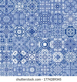 Antique azulejo tiles patchworks. Collection of vector seamless patterns. Creative design. Blue spain and portuguese decor for bags, smartphone cases, T-shirts, linens or scrapbooking.