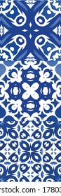 Antique azulejo tiles patchworks. Collection of vector seamless patterns. Hand drawn design. Blue spain and portuguese decor for bags, smartphone cases, T-shirts, linens or scrapbooking.