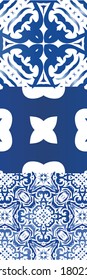 Antique azulejo tiles patchworks. Collection of vector seamless patterns. Geometric design. Blue spain and portuguese decor for bags, smartphone cases, T-shirts, linens or scrapbooking.