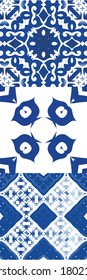 Antique azulejo tiles patchworks. Collection of vector seamless patterns. Stylish design. Blue spain and portuguese decor for bags, smartphone cases, T-shirts, linens or scrapbooking.