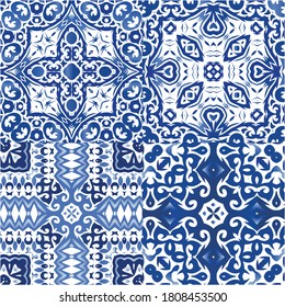 Antique azulejo tiles patchworks. Collection of vector seamless patterns. Hand drawn design. Blue spain and portuguese decor for bags, smartphone cases, T-shirts, linens or scrapbooking.