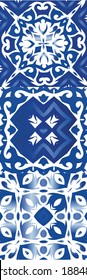 Antique azulejo tiles patchworks. Collection of vector seamless patterns. Bathroom design. Blue spain and portuguese decor for bags, smartphone cases, T-shirts, linens or scrapbooking.