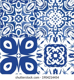 Antique azulejo tiles patchworks. Collection of vector seamless patterns. Modern design. Blue spain and portuguese decor for bags, smartphone cases, T-shirts, linens or scrapbooking.