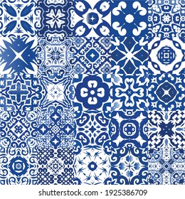 Antique azulejo tiles patchworks. Collection of vector seamless patterns. Universal design. Blue spain and portuguese decor for bags, smartphone cases, T-shirts, linens or scrapbooking.