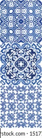 Antique azulejo tiles patchworks. Colored design. Kit of vector seamless patterns. Blue spain and portuguese decor for bags, smartphone cases, T-shirts, linens or scrapbooking.