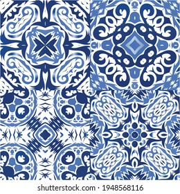 Antique azulejo tiles patchworks. Colored design. Collection of vector seamless patterns. Blue spain and portuguese decor for bags, smartphone cases, T-shirts, linens or scrapbooking.