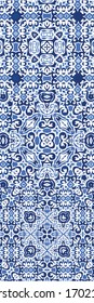 Antique azulejo tiles patchworks. Creative design. Kit of vector seamless patterns. Blue spain and portuguese decor for bags, smartphone cases, T-shirts, linens or scrapbooking.