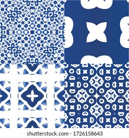 Antique azulejo tiles patchworks. Creative design. Set of vector seamless patterns. Blue spain and portuguese decor for bags, smartphone cases, T-shirts, linens or scrapbooking.