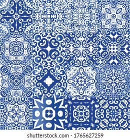Azulejos antiguos. Diseño creativo. Conjunto de patrones vectoriales sin fisuras. España azul y decoración portuguesa para bolsas, estuches para smartphones, camisetas, ropa de cama o scrapbooking.