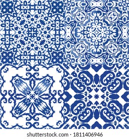 Azulejos antiguos. Diseño creativo. Conjunto de patrones vectoriales sin fisuras. España azul y decoración portuguesa para bolsas, estuches para smartphones, camisetas, ropa de cama o scrapbooking.