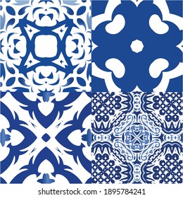 Antique azulejo tiles patchworks. Creative design. Kit of vector seamless patterns. Blue spain and portuguese decor for bags, smartphone cases, T-shirts, linens or scrapbooking.