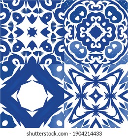 Antique azulejo tiles patchworks. Creative design. Kit of vector seamless patterns. Blue spain and portuguese decor for bags, smartphone cases, T-shirts, linens or scrapbooking.