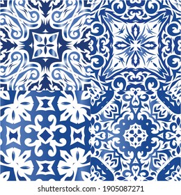 Antique azulejo tiles patchworks. Creative design. Set of vector seamless patterns. Blue spain and portuguese decor for bags, smartphone cases, T-shirts, linens or scrapbooking.