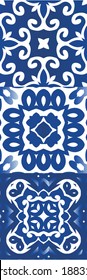 Antique azulejo tiles patchworks. Fashionable design. Set of vector seamless patterns. Blue spain and portuguese decor for bags, smartphone cases, T-shirts, linens or scrapbooking.