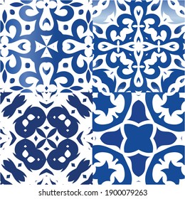 Antique azulejo tiles patchworks. Fashionable design. Kit of vector seamless patterns. Blue spain and portuguese decor for bags, smartphone cases, T-shirts, linens or scrapbooking.